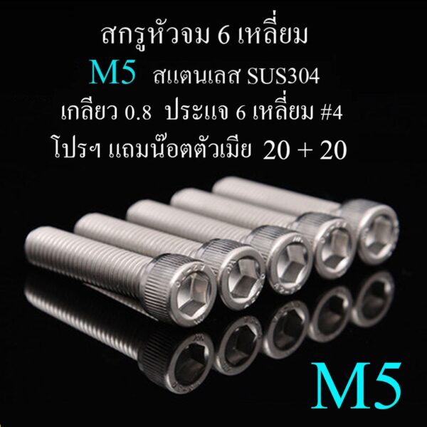 M5 สกรูหัวจม 6 เหลี่ยม โปรฯ ตัวผู้แถมตัวเมีย เกลียวตลอด แสตนเลส 304