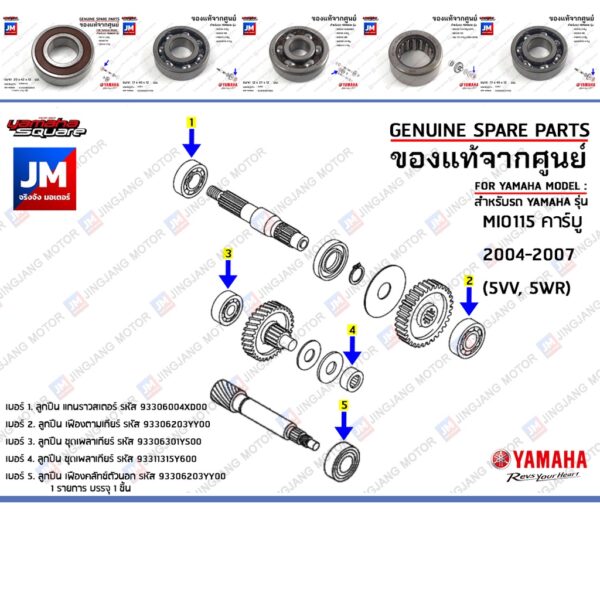 ชุดลูกปืนเฟืองท้าย ลูกปืนชุดระบบส่งกำลังเฟืองท้าย BEARING  เเท้ศูนย์ YAMAHA MIO115 คาร์บู (5VV