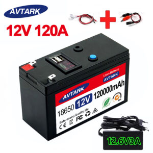 แบตเตอรี่ 12V 120Ah 18650 แบตเตอรี่ลิเธียมแบบชาร์จไฟได้สำหรับรถยนต์ไฟฟ้าพลังงานแสงอาทิตย์ + เครื่องชาร์จ 12.6v3A