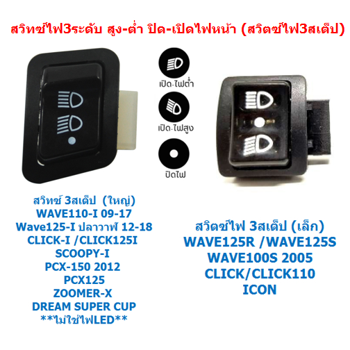 สวิทซ์ไฟ3ระดับ สูง-ต่ำ ปิด-เปิดไฟหน้า สวิตซ์ไฟ3สเต็ป Wave 110-I WAVE125-I PCX150 WAVE100S CLICK สวิทไฟสูงต่ำ 3STEPS