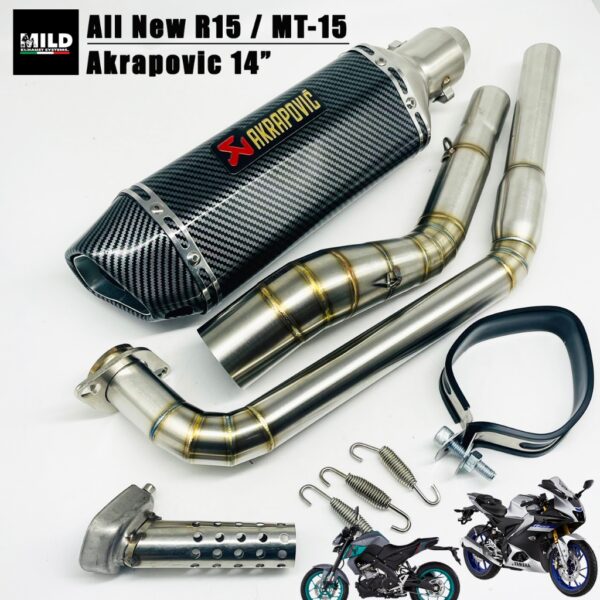 ชุดท่อ All new R15 / MT-15 ปลาย Akrapovic (14นิ้ว) ยาว14นิ้ว โต 3.55 นิ้ว สวมคอ 2 นิ้ว พร้อมคอท่อตรงรุ่น