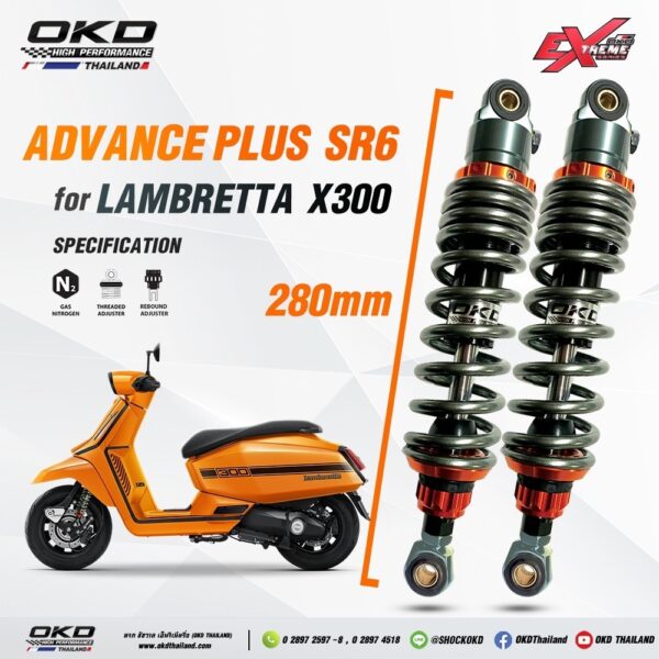 โช๊คหน้าLambretta X300รุ่นAdvance Plus หูสีเทา สปริงสีเทา แหวนสีส้ม รีบาวน์สีส้ม ยาว280mmสเปคโหลด